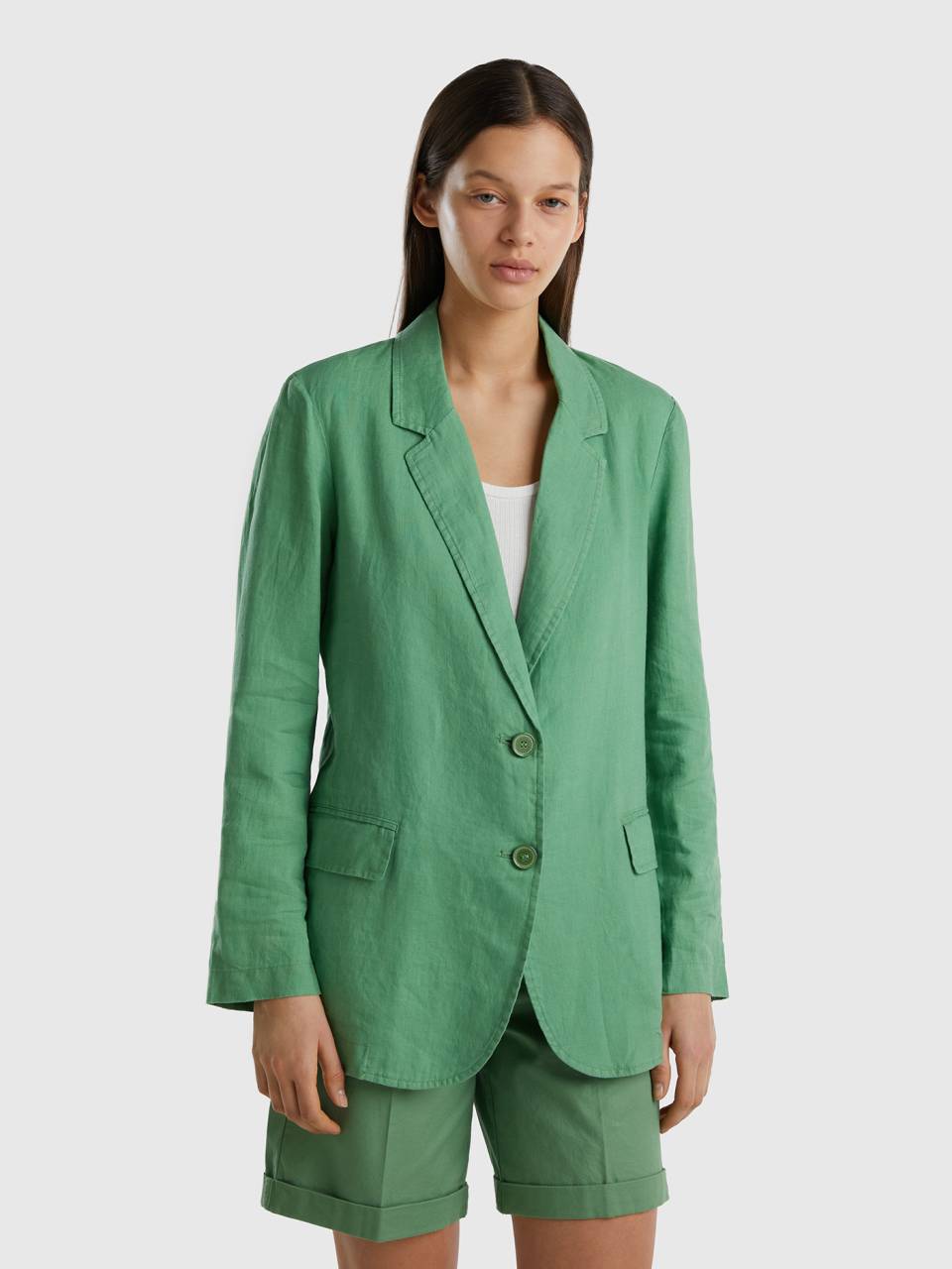 Blazer in pure linen Green Benetton
