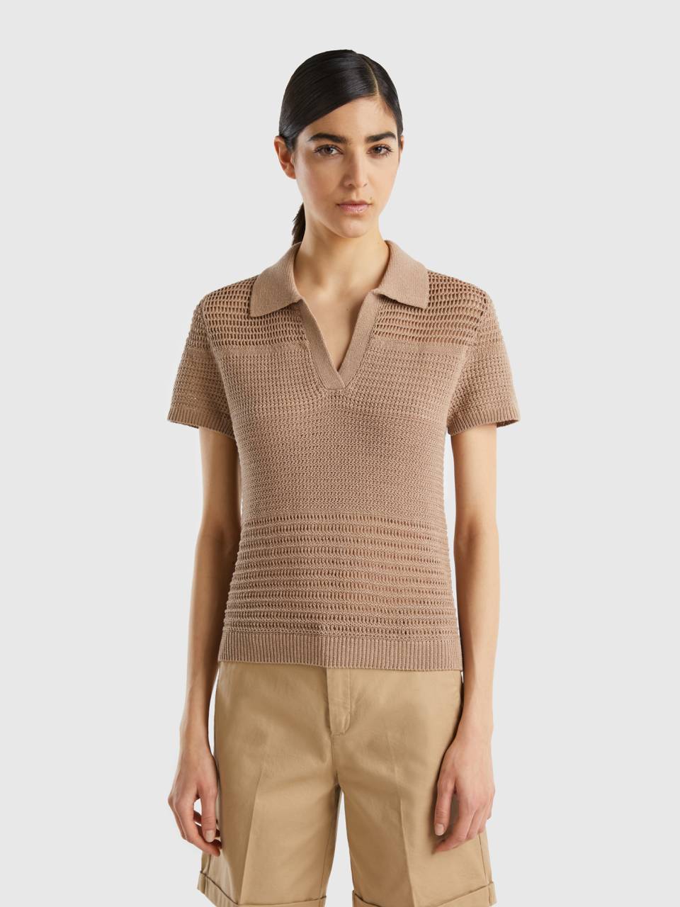 Knit polo with open-knit motifs - Brown | Benetton