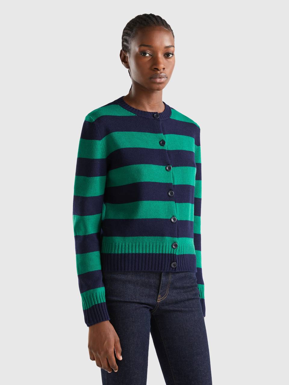 Green and online white striped cardigan