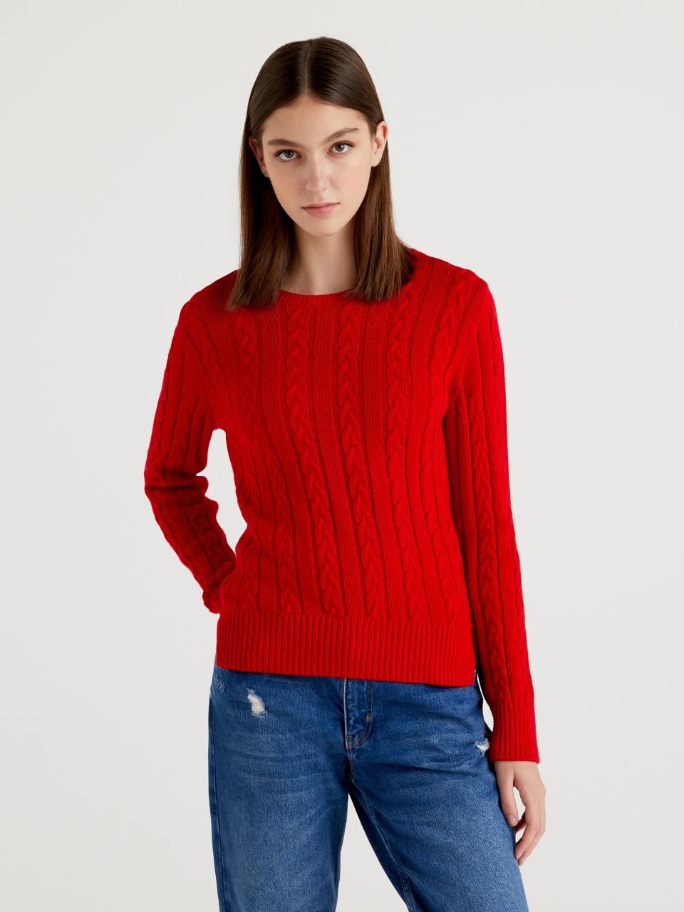 Cotton sweater with cable knit - Red | Benetton