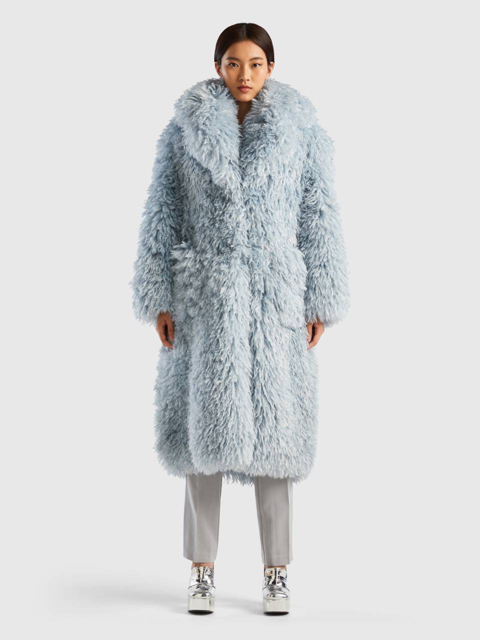 Long faux fur coat Sky Blue Benetton