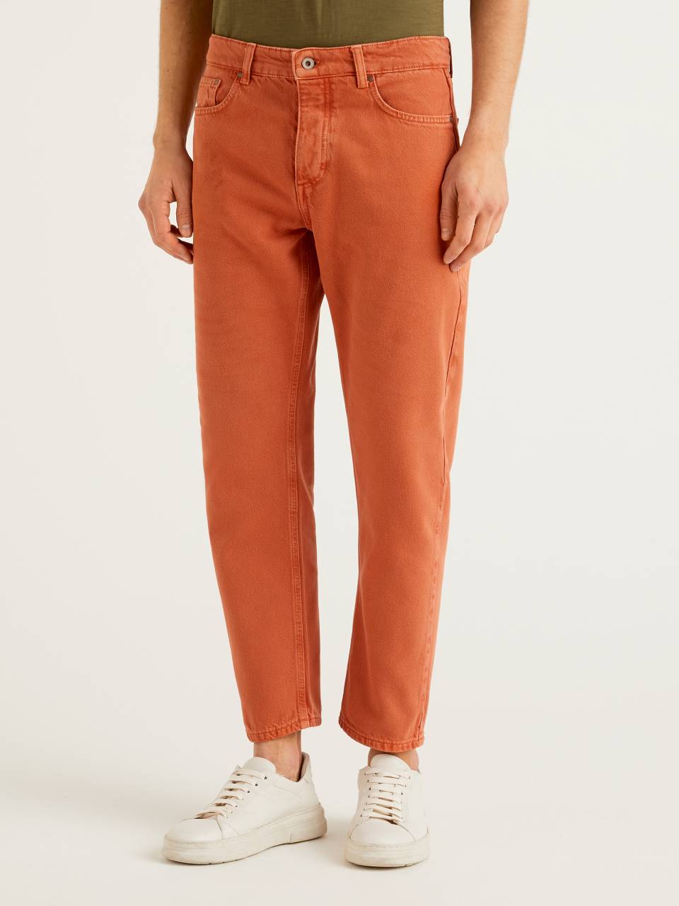 Men Orange Stretch Denim Jeans Trendy Holes Ripped Pants Mid Waist