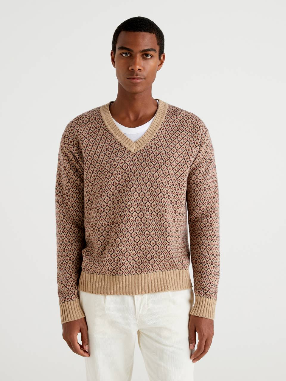 Sweater in jacquard wool blend - Beige | Benetton