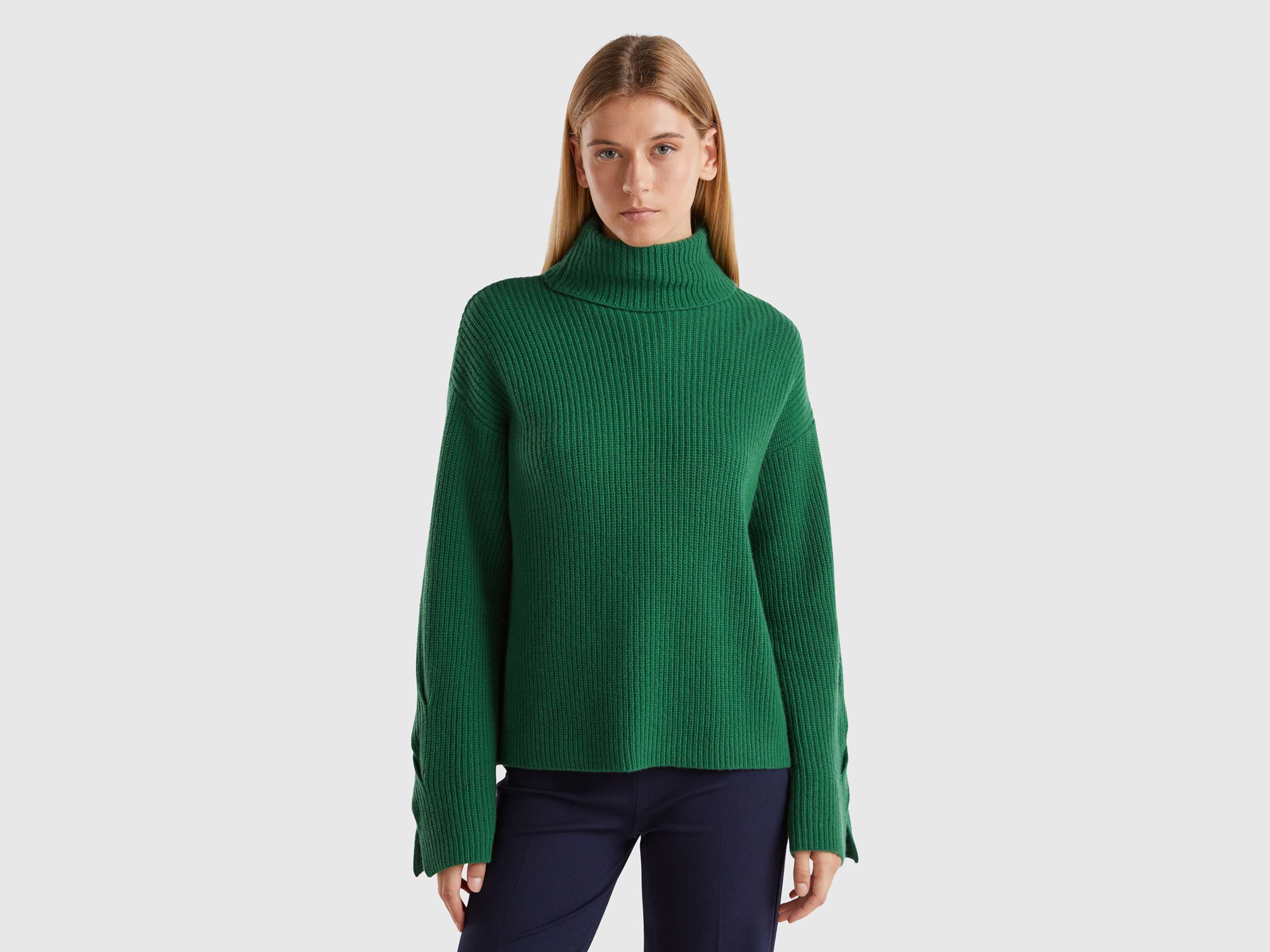 Turtleneck with wide collar - Dark Green | Benetton