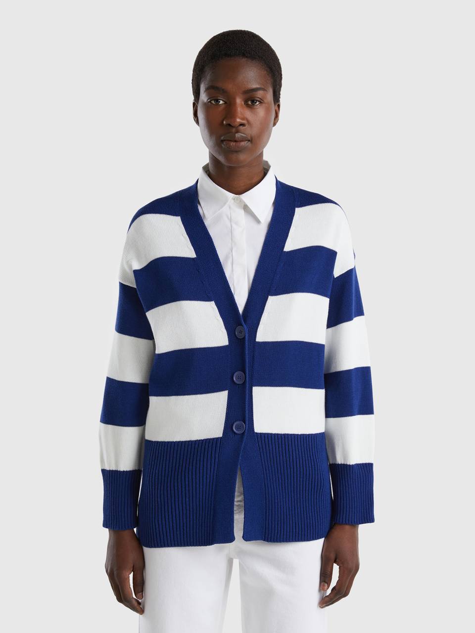 Striped cardigan in tricot cotton Blue Benetton