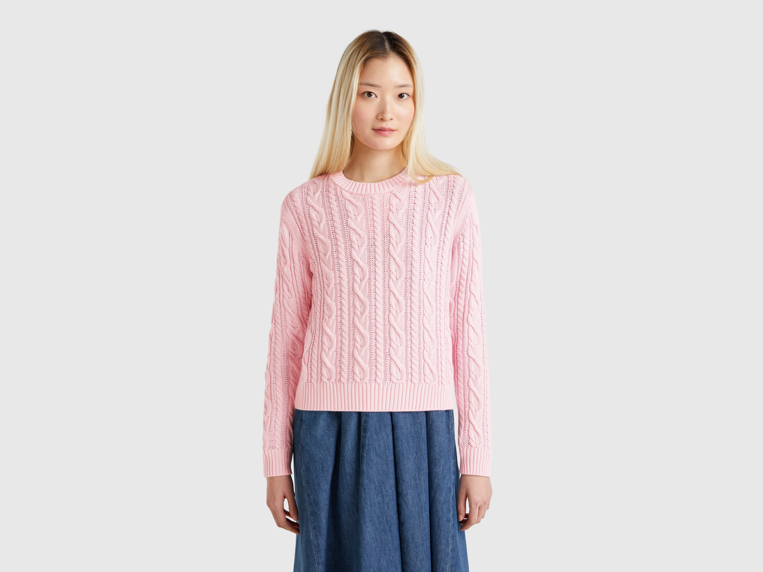 100% cotton sweater with cables - Pink | Benetton