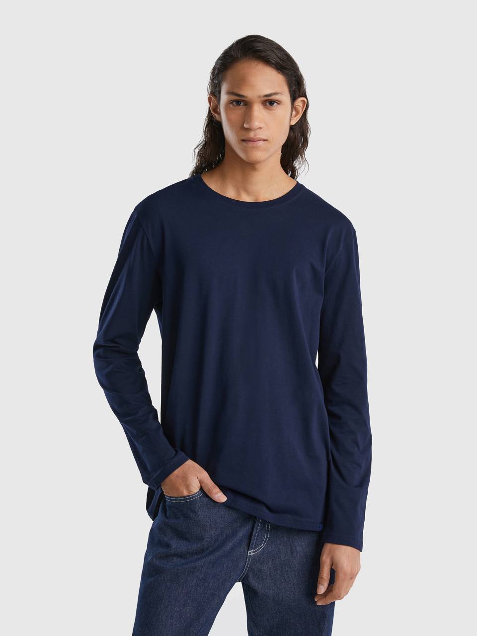 Camiseta de manga larga de algod n puro Azul Oscuro Benetton