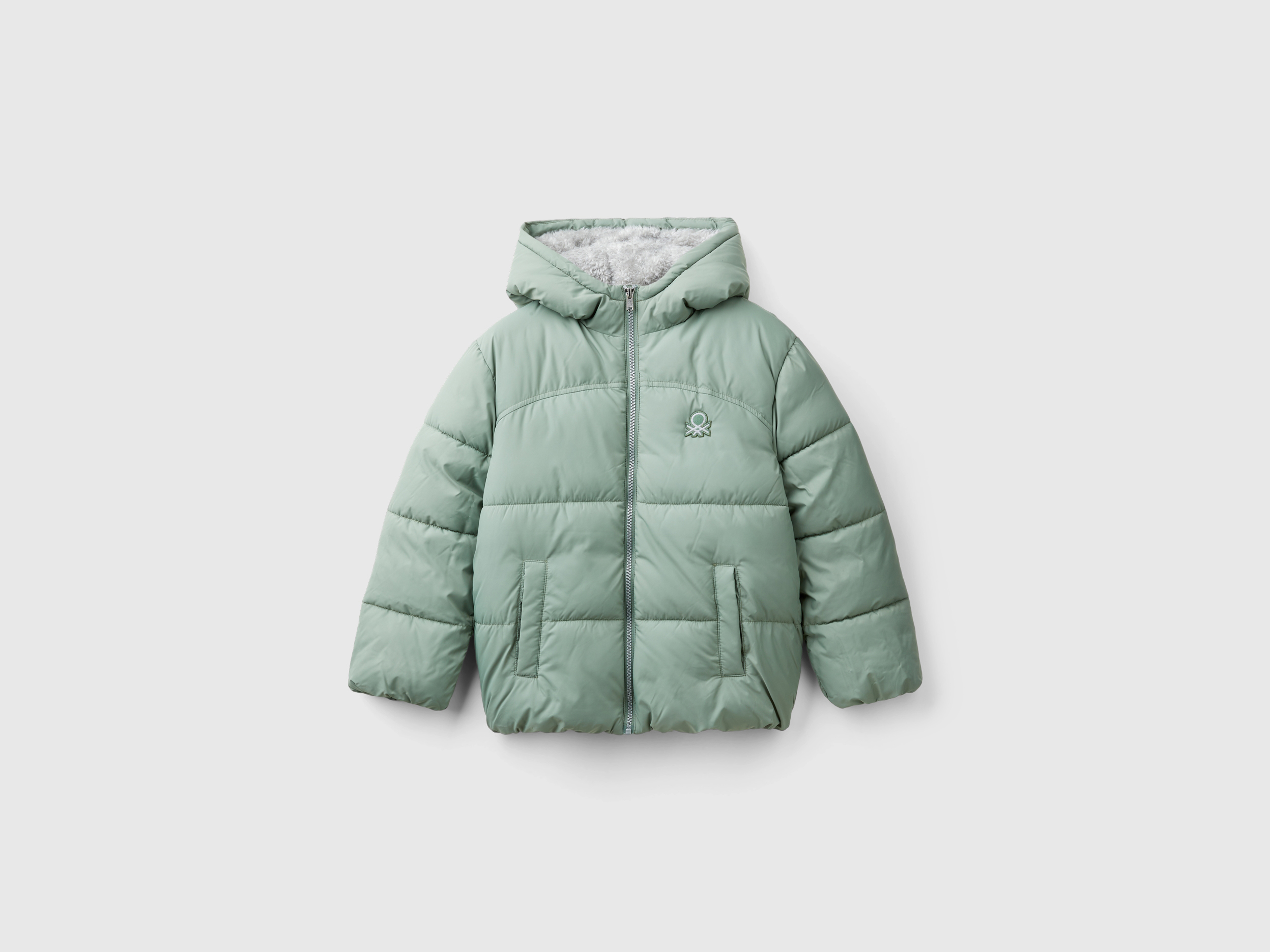 Padded jacket with teddy interior - Light Green | Benetton