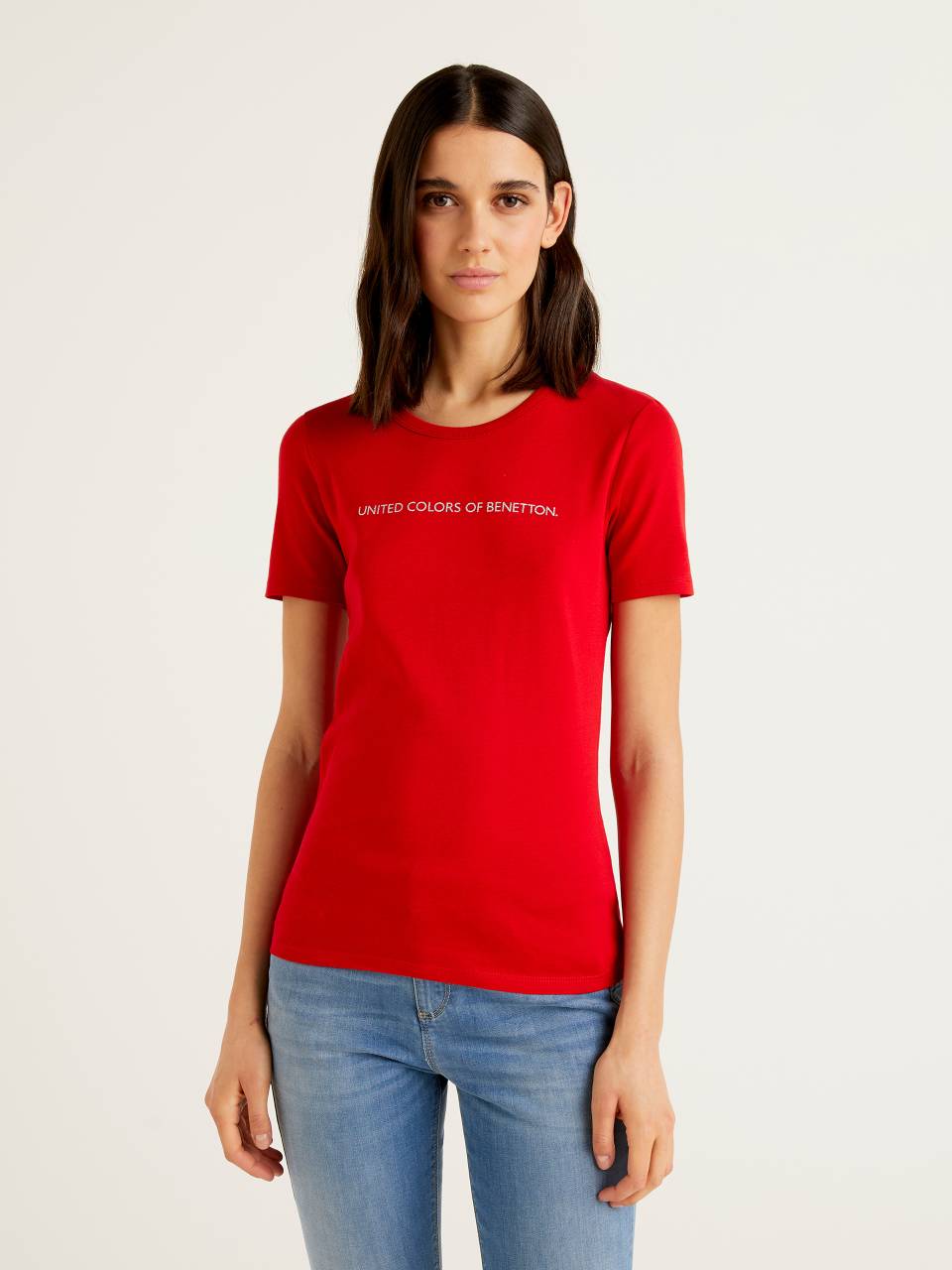 T-shirt in 100% cotton with glitter print logo - Red | Benetton