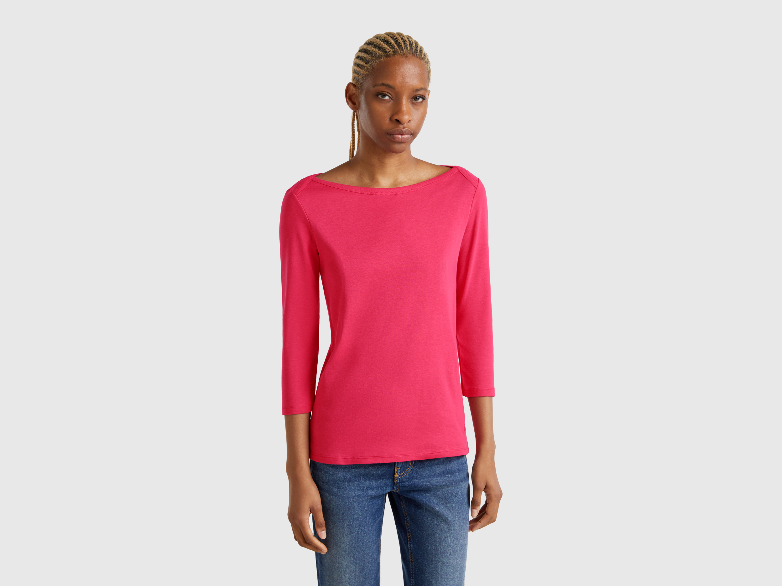 T-shirt with boat neck in 100% cotton - Strawberry | Benetton