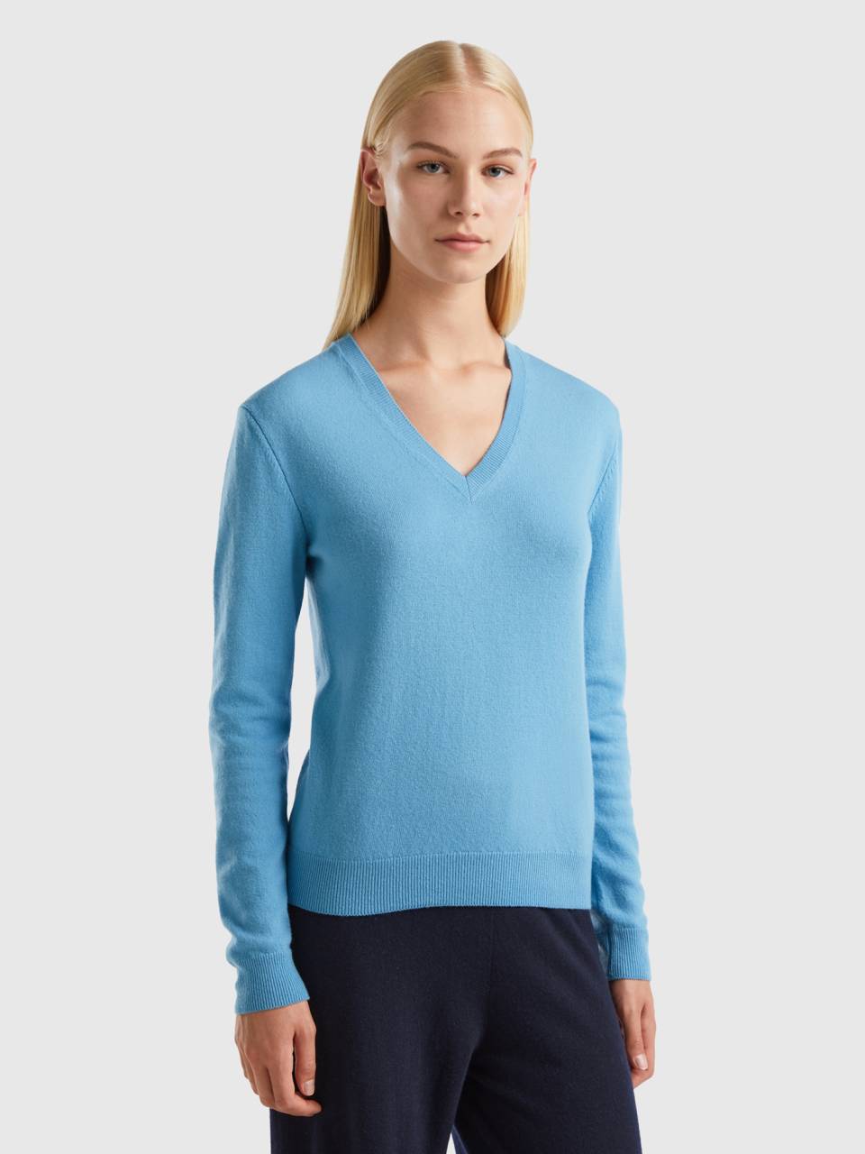 Light blue V neck sweater in pure Merino wool Light Blue Benetton