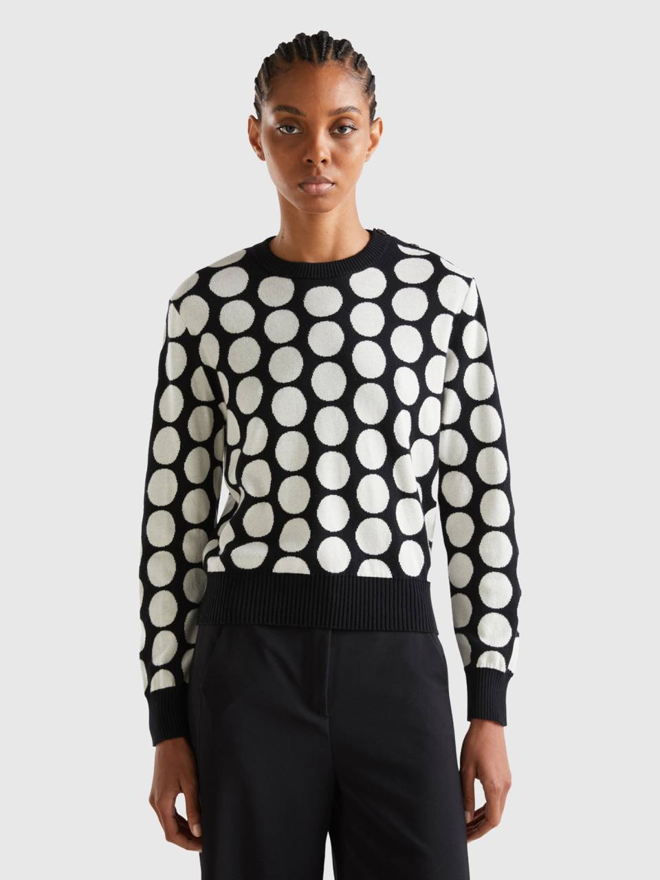 White sweater with clearance black polka dots