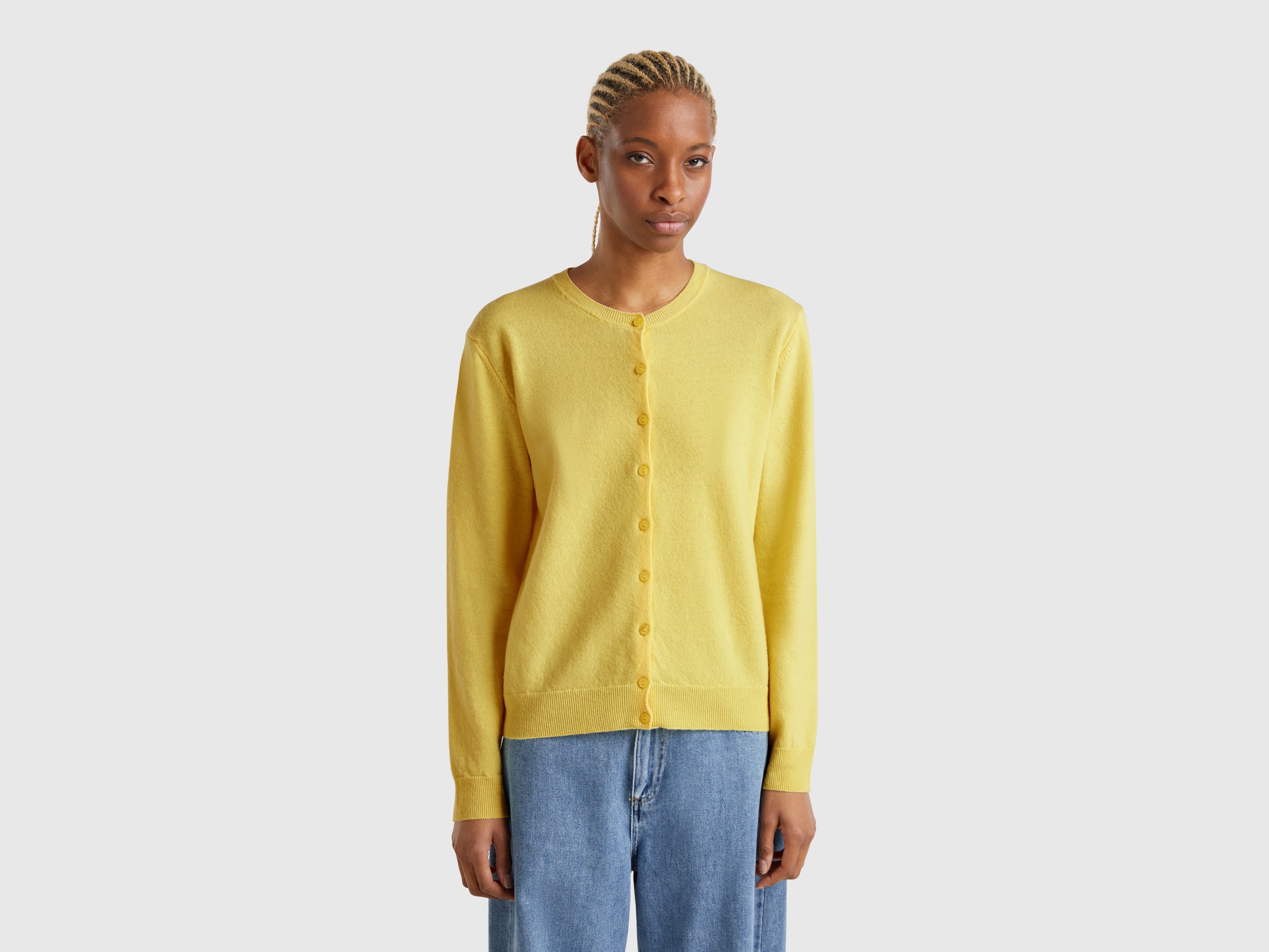 Yellow crew neck cardigan in pure Merino wool - Yellow