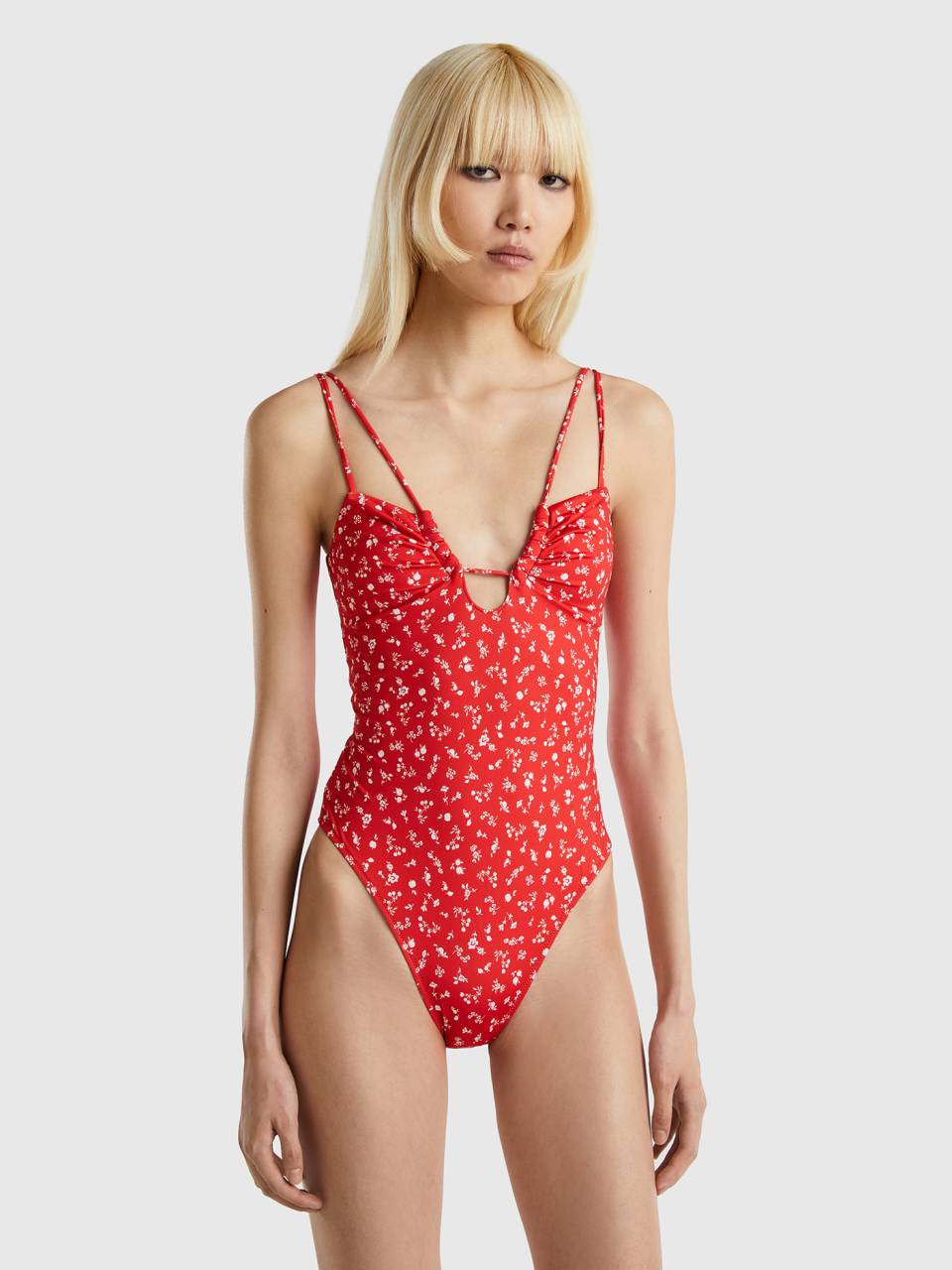 One piece swimsuit with floral print Red Benetton