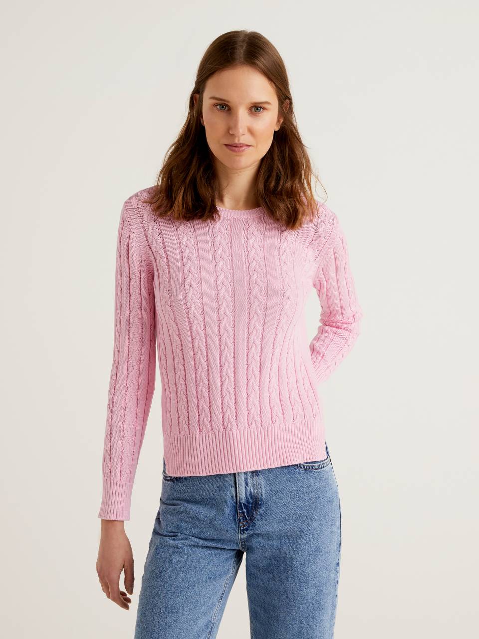 Cotton sweater with cable knit - Pink | Benetton