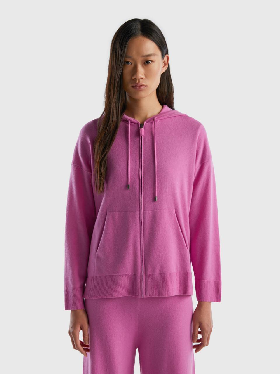 Pink sweater in cashmere blend with hood Pink Benetton