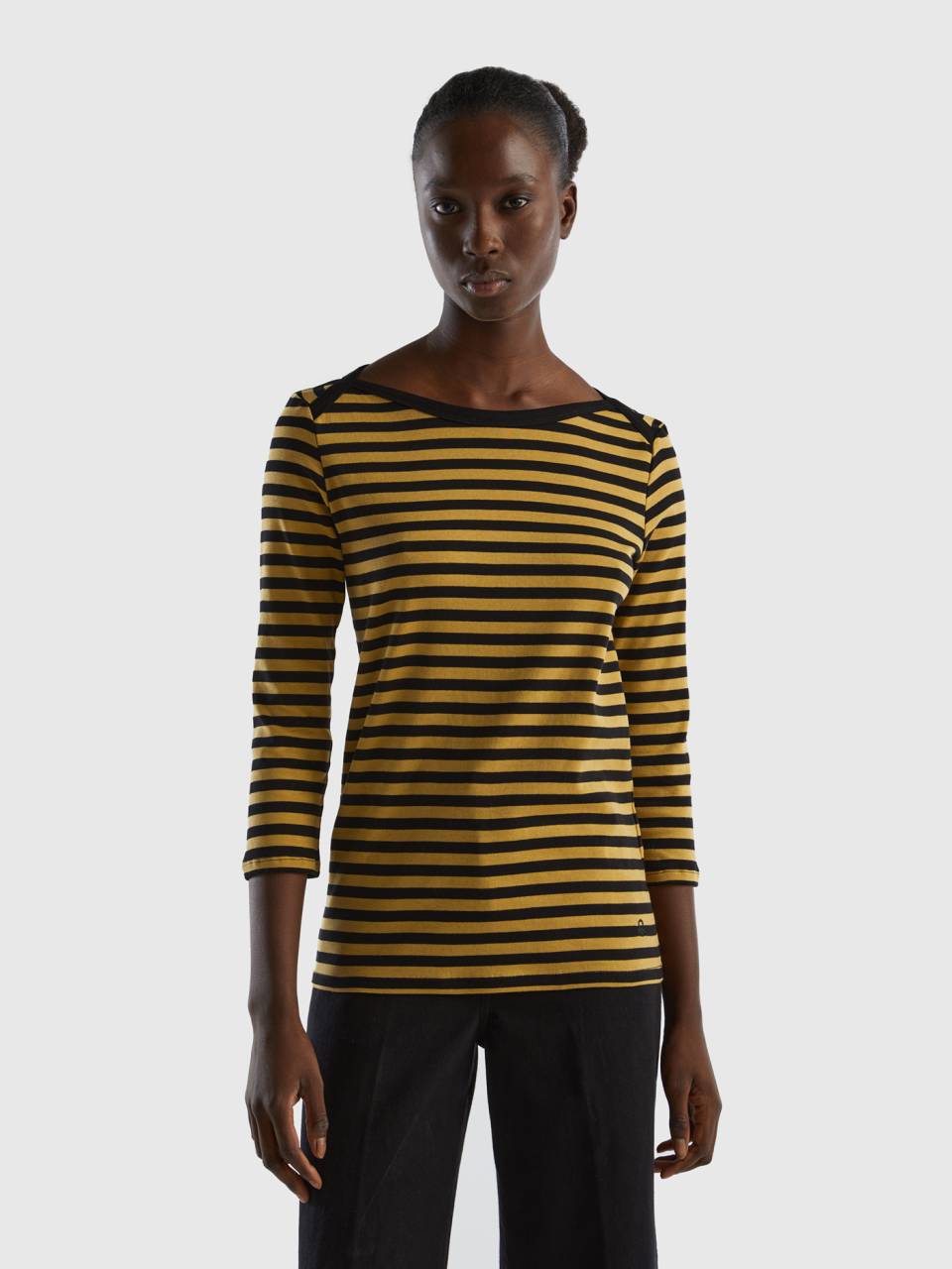 Striped 3 4 sleeve t shirt in 100 cotton Mustard Benetton